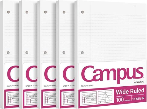 Kokuyo Campus Leaf Leaf Paper for 3 Ring Binders ، 8-1/4 "X11" ، ورقة دفتر ملاحظات واسعة ، 100 ورقة ، 70 GSM اليابانية الملساء يمنع نزيف الحبر ، موردي المدارس ، المصنوعة في اليابان (WSG-NO-887G3) in Kuwait