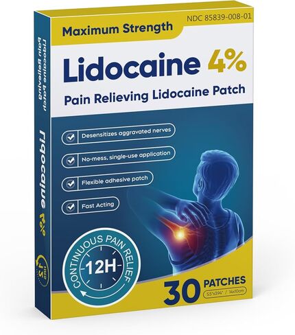 Lidocaine Pain Relief Patch 30 Count | Maximum Strength Pain Patches for Muscle Relief in Neck Knee Back and Shoulders |12 Hour Long Lasting Relief Pains-584 in Kuwait