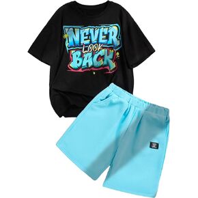 Boy's 2 Piece Letter Graphic Short Sleeve Round Neck Drop Shoulder Pullover Tee Top and Track Shorts Sets
