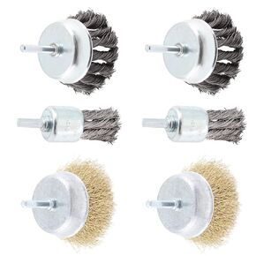 6PCS Cup Wire Wheel Brush Set, 3 Inch Carbon Steel Knotted Cup Brush and Brass Coated Crimped Wire Drill Brush Set, 1/4 Inch Shank Brush Kit Rotary Buffing Brush Wheel, Rust Removal Tool Set