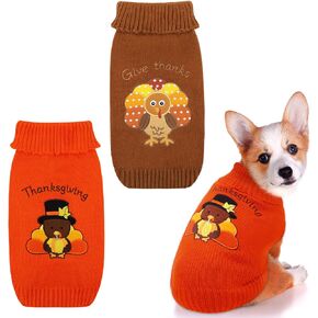Pedgot 2 Pack Thanksgiving Dog Sweaters Turkey Puppy Dog Clothes Pet Warm Knitwear for Thanksgiving, Holiday, Party Gift, Orange, Brown