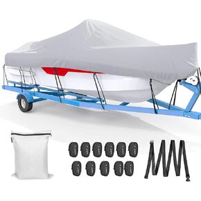 Waterproof Boat Cover 17-19ft, Trailerable Boat Cover Heavy Duty Bass Windproof Cover, UV Resistant Marine Grade Outboard Cover, Fits Bayliner Tri-Hull V-Hull Fishing Runabout Jon Boat(Gray)