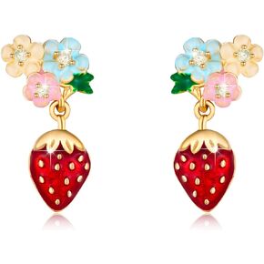 Flower Strawberry Earrings Sterling Silver Strawberry Stud Earrings Fuirt Strawberry Earrings for Women Girls