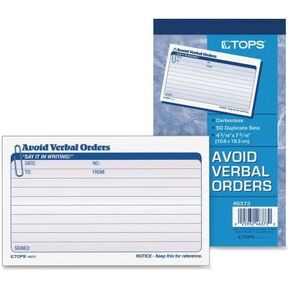 Wholesale Case of 25 - Tops Avoid Verbal Orders Book-Verbal Orders Book,Carbonless,2-Part,4-1/4"x7"