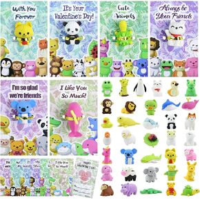 36 Pack Valentines Cards for Kids Classroom, Valentine's Greeting Cards with Assembly Cartoon Animal Erasers Toys, Valentine's Day Classroom Exchange Gift for Kids Girls and Boys