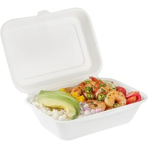 Restaurantware Pulp Safe No PFAS Added 20 Ounce Clamshell Boxes 100 Disposable Containers - Home Compostable Microwavable And Freezable White Bagasse Containers Built-In Hinged Lid