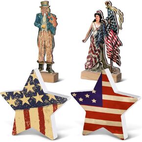 Chunful 4 Pcs 4th of July Patriotic Tiered Tray Decor Memorial Day Independence Table Decorations Farmhouse Stars Centerpiece Wood Signs Lady Liberty Signs Standing Blocks Red White Blue (Flag)