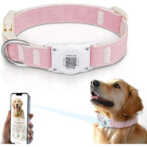 Airtag Dog Collar QR Code - IP68 Waterproof Integrated Air Tag Dog Collar Holder ID Tag - Free Pet Online Profile - Durable Natural Cotton Hemp - Fits for Small Medium Large Dogs (Pink, L)