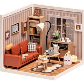 ROBOTIME DIY Miniature House Kit Mini Dollhouse مع الملحقات مجموعة ألعاب البناء مجموعة صنع غرفة صغيرة مع ضوء LED هواية هدايا فريدة من نوعها (صالة معيشة مريحة)