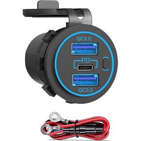 12v usb charger, PD 20W USB-C Power Socket and 18W QC3.0 Socket Waterproof Power Outlet 12V/24V with Power Switch 12V USB C Outlet for Car Golf Cart Boat Marine Bus Truck RV Marine Motorcycle etc.