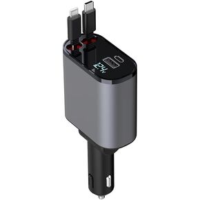 [Upgraded] 4 in 1 Retractable Car Charger, 120W, Double TypeC Cables (2.6ft), Fast Charger Compatible with Apple iPhone(11/12/13/14/15), iPad, Samsung Galaxy S22/S23 (Type C + Type C)