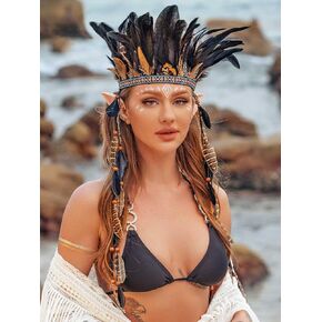 GORTIN Indian Feather Headdress Headband Gypsy Native American Costume Headbands Halloween Hippie Headpiece Boho Feather Hair Accessory for Women and Men