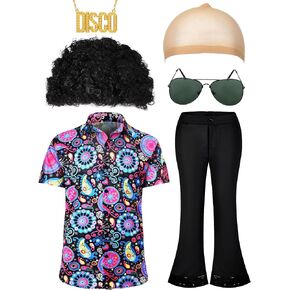 6 Pcs Men 70s Disco Costumes Include Retro Shirt Bell Bottom Pants Sunglasses Necklace for Disco Party