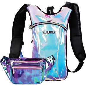 Fanny Pack (Transparent Purple) bundle with Hydration Pack Backpack (2 Pocket Iridescent Blue) with 2L Water Bladder Included