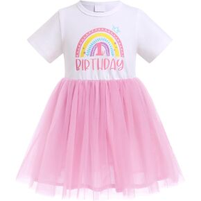 FYMNSI Baby Girls Boho Rainbow 1st 2nd Birthday Outfit Birthday Dress Short Sleeve Princess Summer Casual Cake Smash Clothes