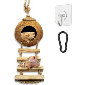 Leopard & Crested Gecko Coconut Cave Reptile Hide with Ladder, Snake Natural Coco Shell Hut Hideout, Terrarium Tank Decor Accessories, Hamster Climbing Toy, with Sticky Wall & Carabiner Hook