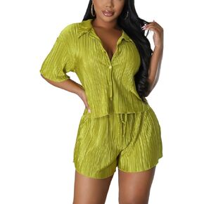 PRIVIMIX Women 2 Piece Pleated Set Short Sleeve Shorts Plisse Matching Colorful Outfits Summer Vacation Button Down Y2k Shirt