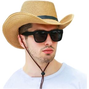 Cowboy Hat Straw Wide Brim UV Sun Beach Hat Cowgirl Panama Hat Women Sombrero UV Protection Western Hat with Chin Strap