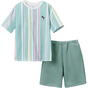 COZYEASE Boy's 2 Pieces Outfits Graphic Print Striped Short Sleeve Crewneck Tee Top and Track Shorts Set
