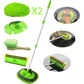 GIANT BEAR Car Wash Brush Mop Set with Long Handle, 42.9" Microfiber Chenille Mitt Not Hurt Paint Scratch Free Aluminum Alloy Cleaning Tool -4 in 1,Glass Window Scrabber Detail Wheel Brush