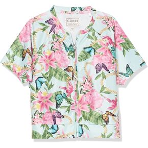 GUESS Girls' All Over Print Stretch Microfiber Zip Front Active Top