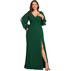 Ever-Pretty Elegant Plus Size Chiffon Long Sleeve Side Slit Formal Dress 80116