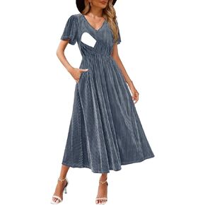 Women's Nursing Short Sleeve V Neck Velvet Maxi Dress Flowy Wedding Party Dresses with Pockets