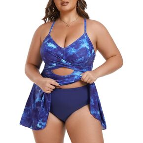 AOVDE Women Plus Size Two Piece Swimsuits for Women Tankini Bathing Suits Flowy Swim Dress with Shorts