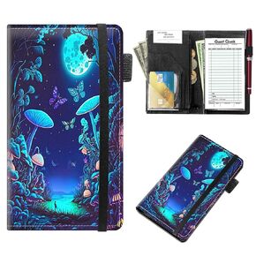 Server Books for Waitress 5 x 7.75 inch Black Server Book with Zipper Pocket and 5 Large Pockets 1 Pen Holder Cute Waitress Book Organizer Fit Server Apron - Green Leaves Floral Flower Plant