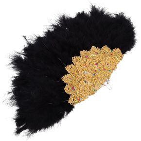 Beavorty White Decor Vintage Bridal Plumage Fan Crystal Bridesmaid Bouquet Furry Folding Fan Marabou Fan Handheld Flapper Fan for Wedding Dancing Party Tea Party Black Foldaway Fan