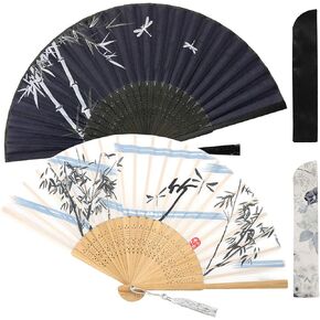 Zolee 2 Pieces Small Folding Hand Fans - Chinese Japanese Vintage Bamboo Silk Fans - for Dance, Performance, Decoration, Wedding, Party，Gift (0303)