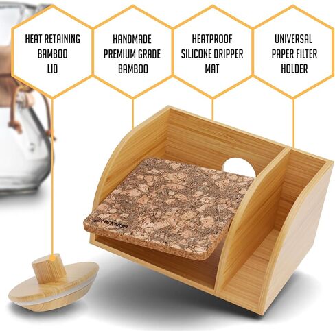 HEXNUB - علبة وغطاء لصب القهوة، حامل من الخيزران يناسب Chemex، Bodum، Cosori Coffee Carafes، حصيرة مقاومة للحرارة، حامل فلتر لصانع القهوة بالتنقيط - حصيرة الفلين in Saudi Arabia