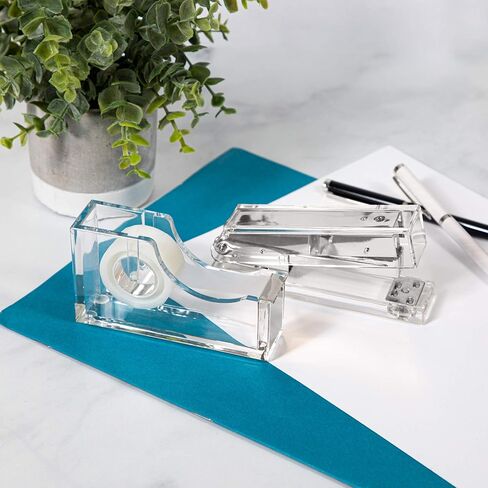 Staple & Stick Office Supplies Designer - Acrylic Lucite Silver Stapler & Tape Dispenser - Elegant Silver Tape Dispenser & Stapler Gift Set - Chic Office Stapler & Tape Dispenser Silver in Saudi Arabia