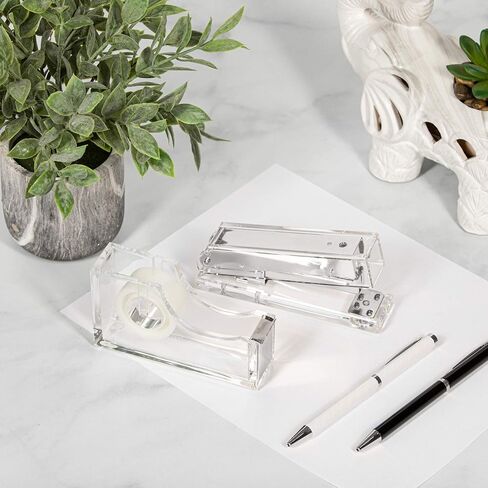 Staple & Stick Office Supplies Designer - Acrylic Lucite Silver Stapler & Tape Dispenser - Elegant Silver Tape Dispenser & Stapler Gift Set - Chic Office Stapler & Tape Dispenser Silver in Saudi Arabia