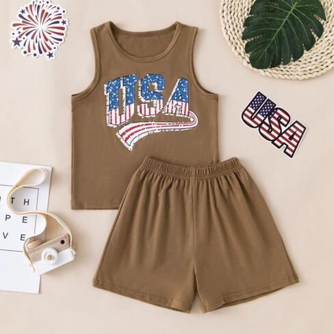 boys 4th of july outfit USA Letter Printed Sleeveless Tank Top + Short Pants 2Pcs Clothes Set in Saudi Arabia