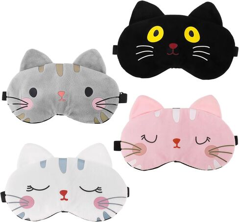 4 Pcs Kids Sleep Mask,Cartoon Cat Eye Covers for Sleeping,Fabric Plush Blackout Eye Mask Sleep Masks for Women,Sleep Over Essentials for Girls Party in Kuwait