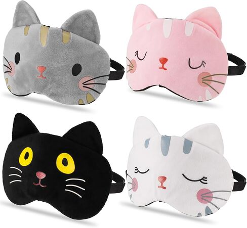 4 Pcs Kids Sleep Mask,Cartoon Cat Eye Covers for Sleeping,Fabric Plush Blackout Eye Mask Sleep Masks for Women,Sleep Over Essentials for Girls Party in Kuwait