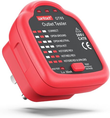 جهاز اختبار المخرج Wintact GT85، جهاز اختبار الأوعية الكهربائية للتيار المتردد مع RCD لمنافذ أمريكا الشمالية القياسية، أحمر in Kuwait