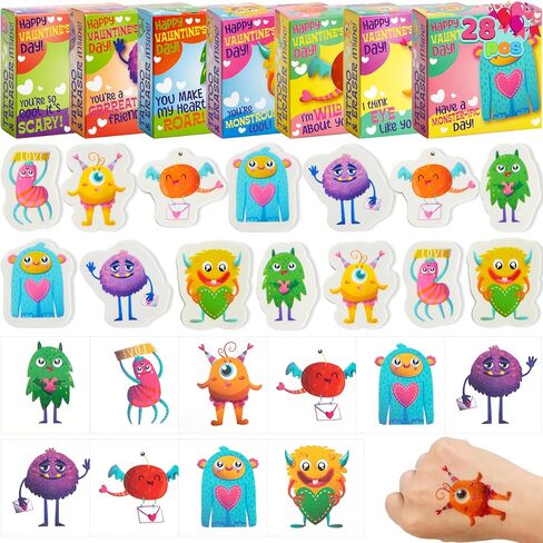 JOYIN 28 Packs Valentines Day Gift, Valentines Eraser for Kids with Box and Temp Tattoo, Valentine's Classroom Exchange Toy, Valentine Monster Eraser for Kids Classroom School Prize in Saudi Arabia