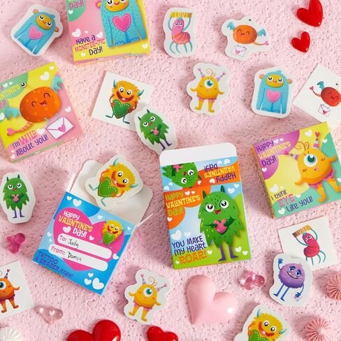 JOYIN 28 Packs Valentines Day Gift, Valentines Eraser for Kids with Box and Temp Tattoo, Valentine's Classroom Exchange Toy, Valentine Monster Eraser for Kids Classroom School Prize in Saudi Arabia