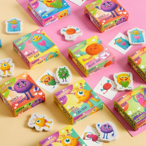 JOYIN 28 Packs Valentines Day Gift, Valentines Eraser for Kids with Box and Temp Tattoo, Valentine's Classroom Exchange Toy, Valentine Monster Eraser for Kids Classroom School Prize in Saudi Arabia