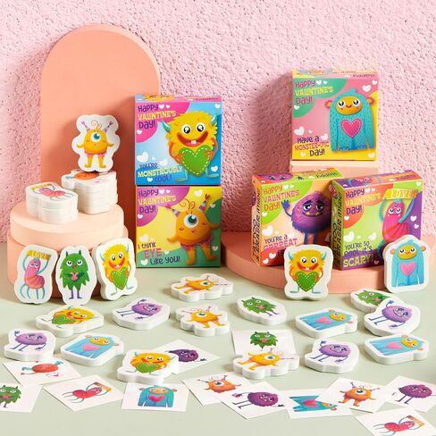 JOYIN 28 Packs Valentines Day Gift, Valentines Eraser for Kids with Box and Temp Tattoo, Valentine's Classroom Exchange Toy, Valentine Monster Eraser for Kids Classroom School Prize in Saudi Arabia