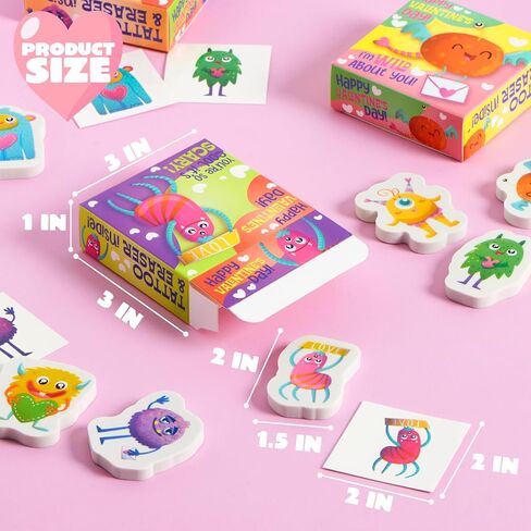 JOYIN 28 Packs Valentines Day Gift, Valentines Eraser for Kids with Box and Temp Tattoo, Valentine's Classroom Exchange Toy, Valentine Monster Eraser for Kids Classroom School Prize in Saudi Arabia