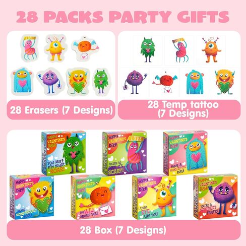 JOYIN 28 Packs Valentines Day Gift, Valentines Eraser for Kids with Box and Temp Tattoo, Valentine's Classroom Exchange Toy, Valentine Monster Eraser for Kids Classroom School Prize in Saudi Arabia