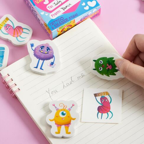 JOYIN 28 Packs Valentines Day Gift, Valentines Eraser for Kids with Box and Temp Tattoo, Valentine's Classroom Exchange Toy, Valentine Monster Eraser for Kids Classroom School Prize in Saudi Arabia