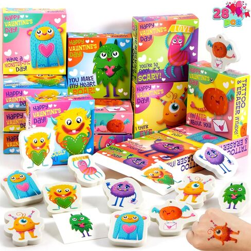 JOYIN 28 Packs Valentines Day Gift, Valentines Eraser for Kids with Box and Temp Tattoo, Valentine's Classroom Exchange Toy, Valentine Monster Eraser for Kids Classroom School Prize in Saudi Arabia