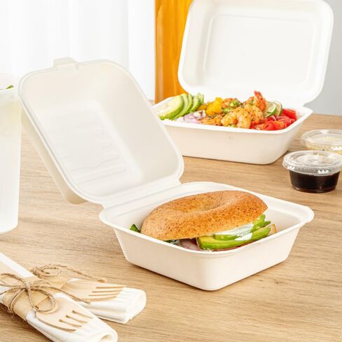 Restaurantware Pulp Safe No PFAS Added 20 Ounce Clamshell Boxes 100 Disposable Containers - Home Compostable Microwavable And Freezable White Bagasse Containers Built-In Hinged Lid in Kuwait