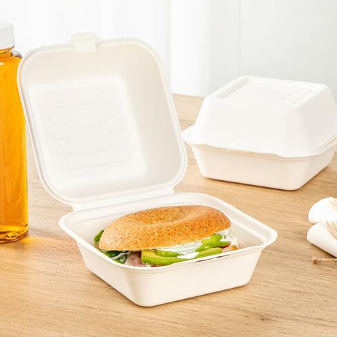 Restaurantware Pulp Safe No PFAS Added 20 Ounce Clamshell Boxes 100 Disposable Containers - Home Compostable Microwavable And Freezable White Bagasse Containers Built-In Hinged Lid in Kuwait