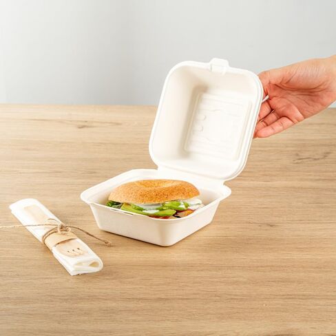 Restaurantware Pulp Safe No PFAS Added 20 Ounce Clamshell Boxes 100 Disposable Containers - Home Compostable Microwavable And Freezable White Bagasse Containers Built-In Hinged Lid in Kuwait