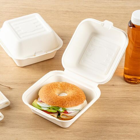 Restaurantware Pulp Safe No PFAS Added 20 Ounce Clamshell Boxes 100 Disposable Containers - Home Compostable Microwavable And Freezable White Bagasse Containers Built-In Hinged Lid in Kuwait